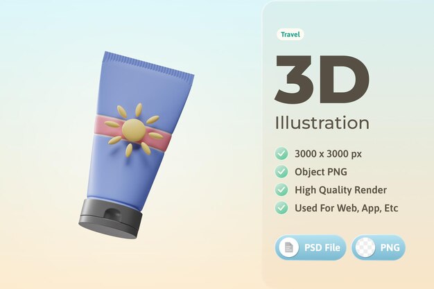 Icono de viaje Crema solar Ilustración 3d