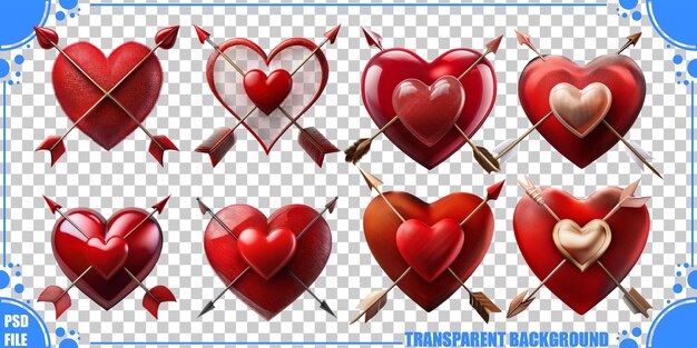 Iconos de corazón con flechas en un fondo transparente