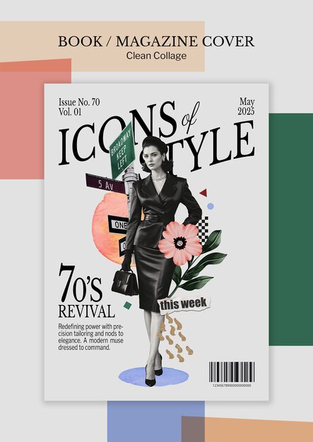 Iconos del estilo del renacimiento de los años 70 plantilla de portada de revista