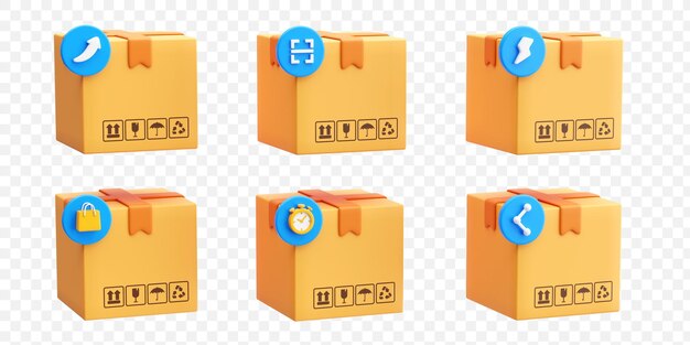 Iconos interactivos de la caja de entrega Concepto de embalaje de entrega Ilustración de fondo en 3D