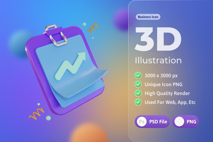 PSD Gratis ikon 3d bisnis, klip papan kertas, dengan statistik