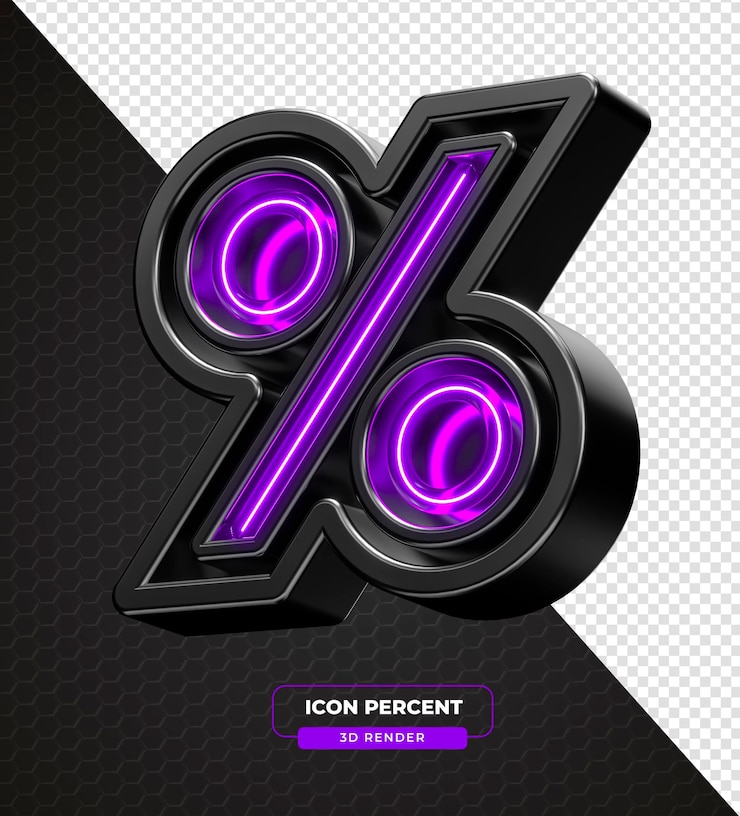 PSD Gratis ikon tanda persentase neon ungu dan hitam dalam render 3d dengan latar belakang transparan