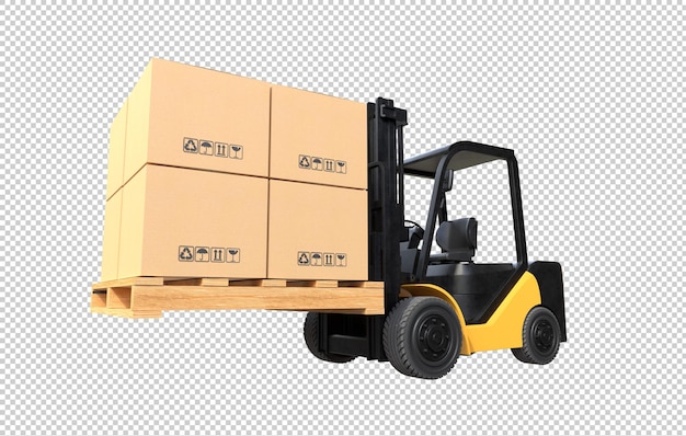Il carrello elevatore sta sollevando un pallet con scatole di cartone su sfondo trasparente