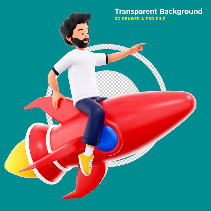PSD gratuito il personaggio 3d sta volando su un'illustrazione 3d del razzo