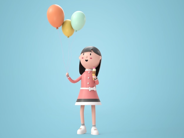 Illustrazione 3D bella ragazza con gelato e rendering di palloncini