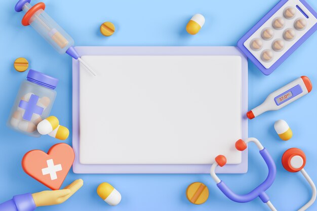 Illustrazione 3D con banner vuoti di vendite mediche e farmaceutiche