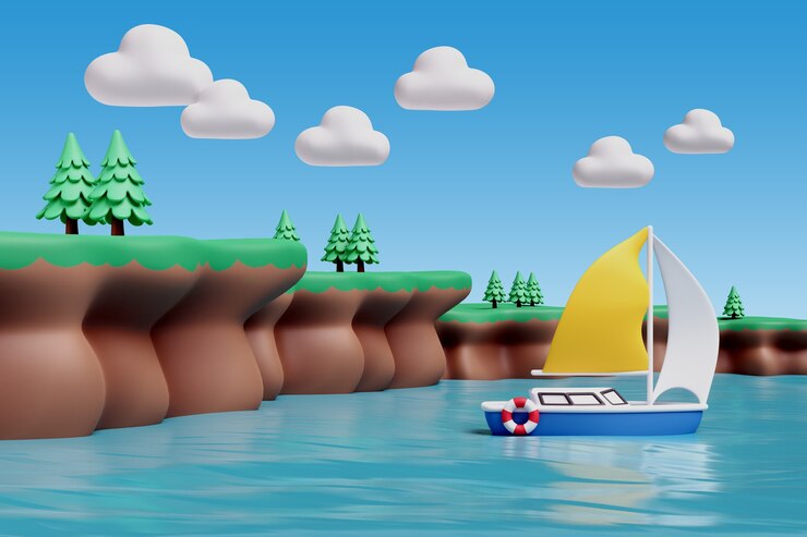 PSD gratuito illustrazione 3d con paesaggio acquatico e natura