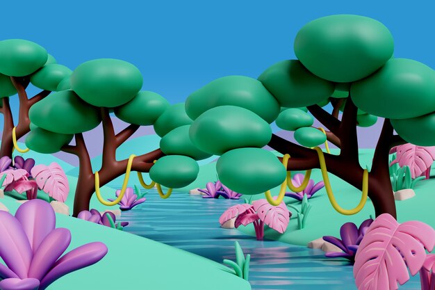 Illustrazione 3D con paesaggio acquatico e natura