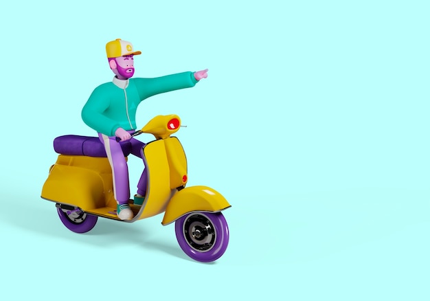 illustrazione 3d del carattere dell'uomo di consegna che punta sullo scooter