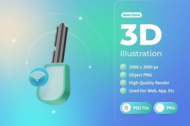 PSD gratuito illustrazione 3d della chiave della casa intelligente