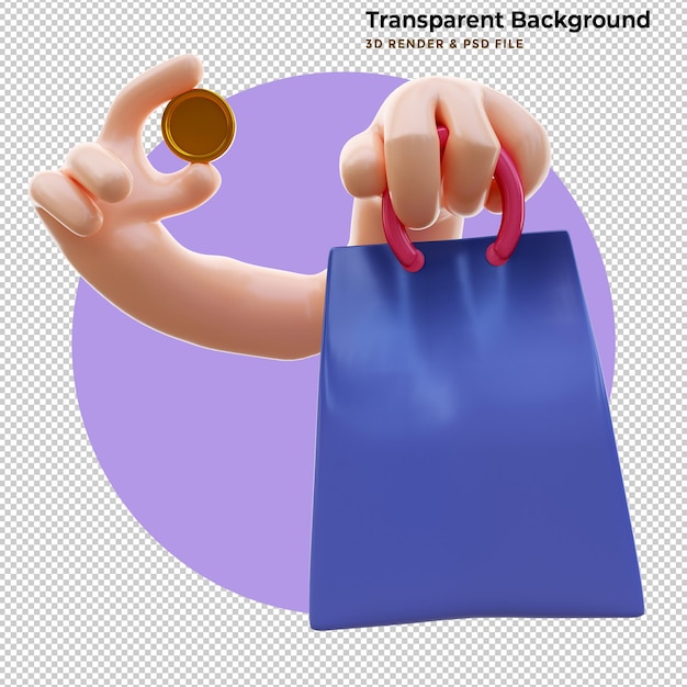Illustrazione 3d della moneta presa a mano e della borsa della spesa