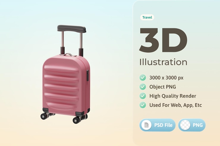 PSD gratuito illustrazione 3d della valigia dell'oggetto di viaggio