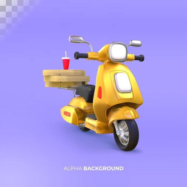 Illustrazione 3d dello scooter di consegna con scatole per pizza. rendering 3d