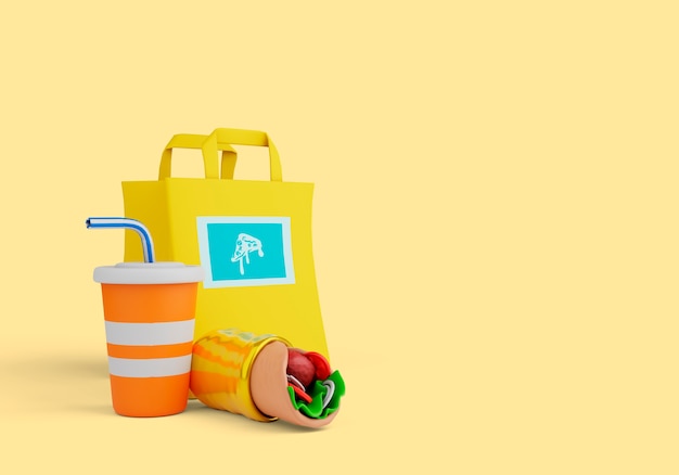 Illustrazione 3d di consegna con shopping bag e fast food