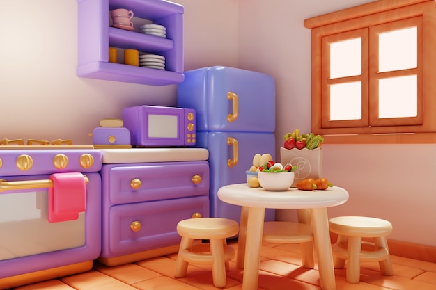 Illustrazione 3D di cucina e cibo