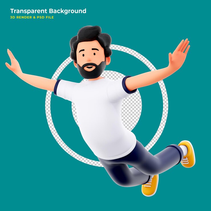 PSD gratuito illustrazione 3d di un simpatico uomo sorridente che vola in aria come un aereo cartoon che cade felice uomo d'affari allegro libero professionista che celebra il successo carattere euforico