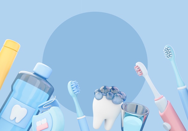 illustrazione 3d per dentista con denti e spazzolino da denti