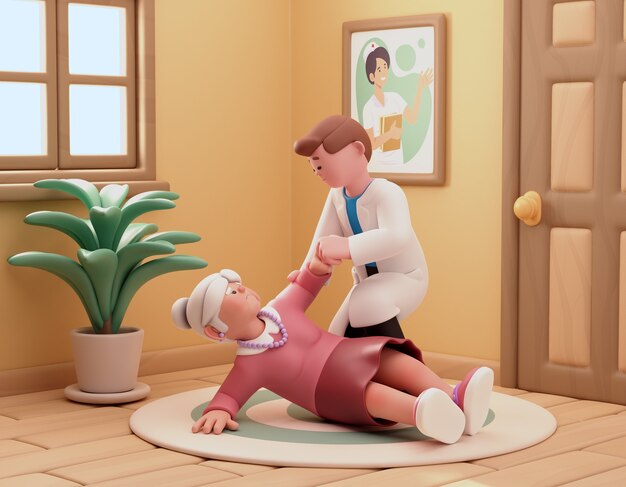 illustrazione 3d per la casa di cura con donna che cade