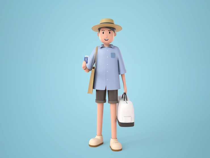 PSD gratuito illustrazione 3d personaggio dei cartoni animati giovane zaino in spalla che indossa un sombrero per viaggiare con una borsa bianca in piedi e mostrare il passaporto con un sorriso