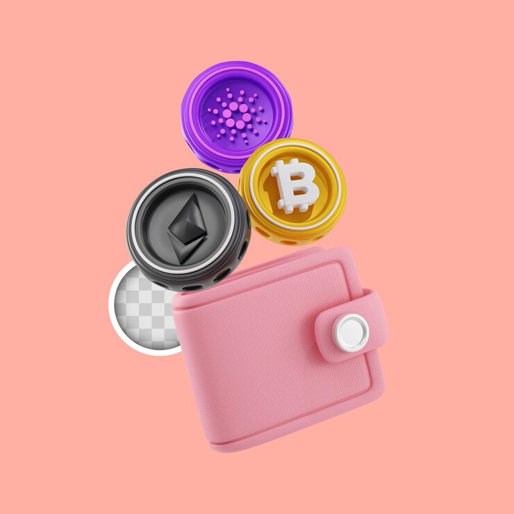 PSD gratuito illustrazione 3d portafoglio di diverse criptovalute