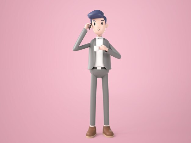 Illustrazione 3D Uomo d'affari del personaggio dei cartoni animati in tuta in piedi e tenendo la tazza di caffè durante la conversazione con lo smartphone, isolato su bianco. Concetto di uomo di lavoro.