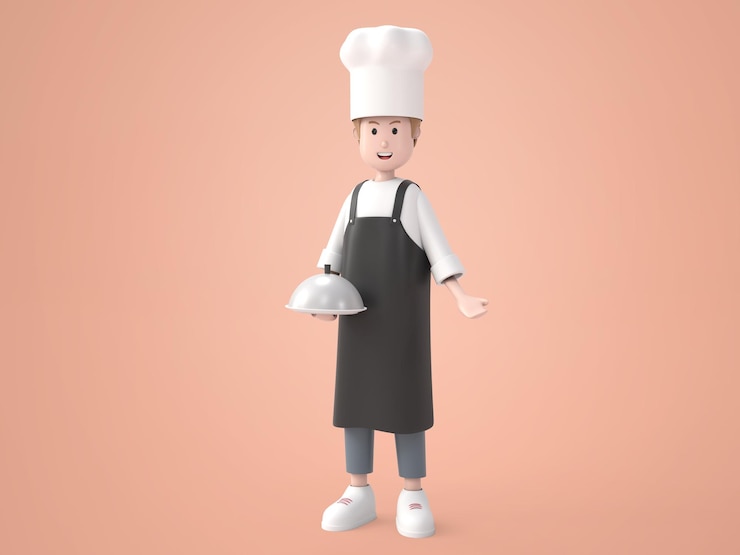 PSD gratuito illustrazione 3d uomo in uniforme da chef che tiene il rendering del vassoio da portata