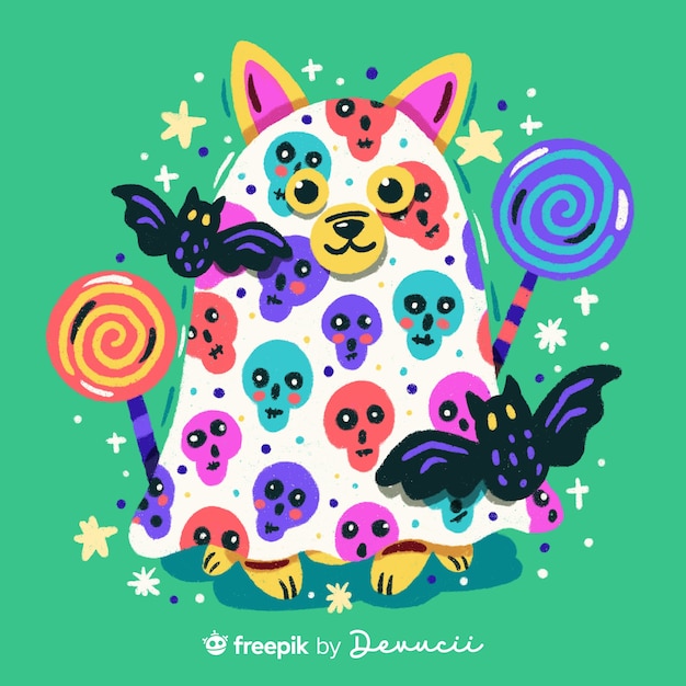 Illustrazione del gatto fantasma con pipistrelli e lecca-lecca