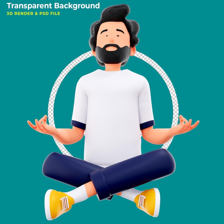 PSD gratuito illustrazione del personaggio dei cartoni animati 3d di un uomo in meditazione seduto sul pavimento nella posizione del loto yoga