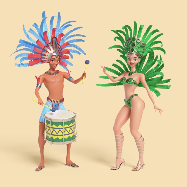 Illustrazione tridimensionale di personaggi brasiliani di ballerini di samba maschili e femminili in costume