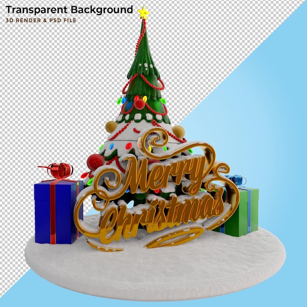 PSD gratuito ilustración 3d de árbol de pino y texto de navidad