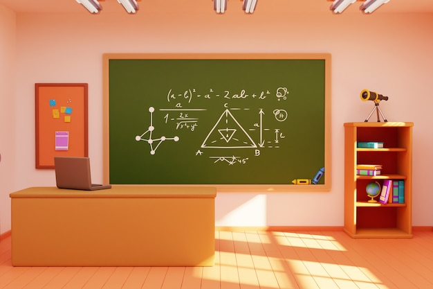 Ilustración 3D del aula escolar.