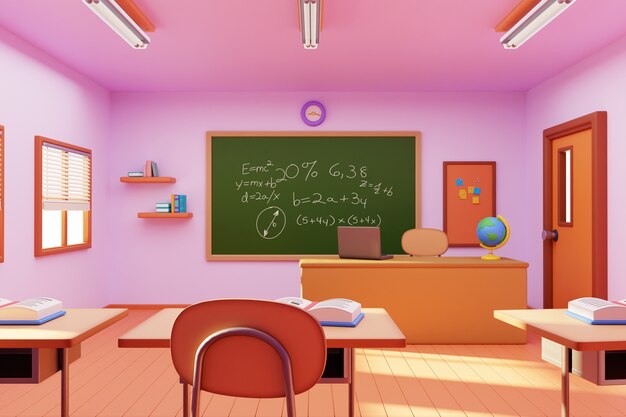 Ilustración 3D del aula escolar.