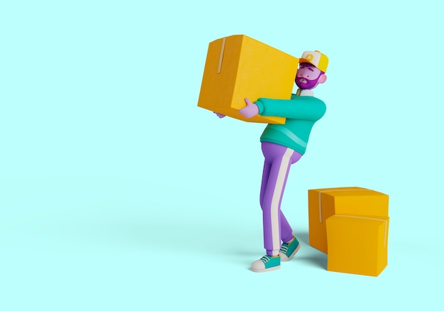 Ilustración 3d de cajas de manejo de personajes de repartidor