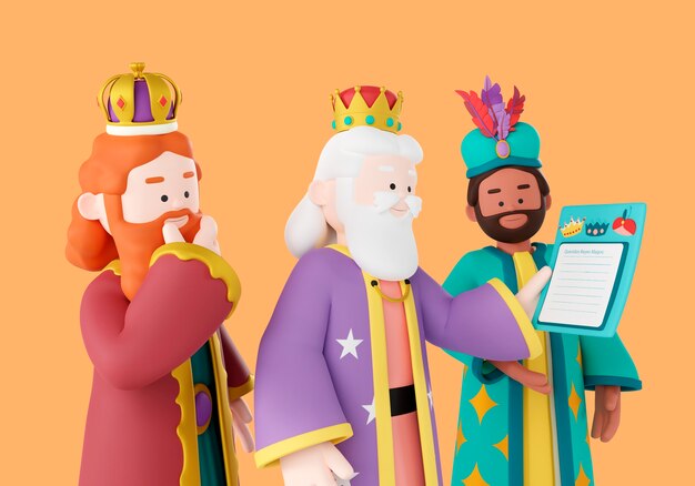Ilustración 3d de la celebración de los tres reyes magos