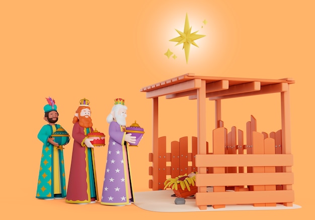 Ilustración 3d de la celebración de los tres reyes magos