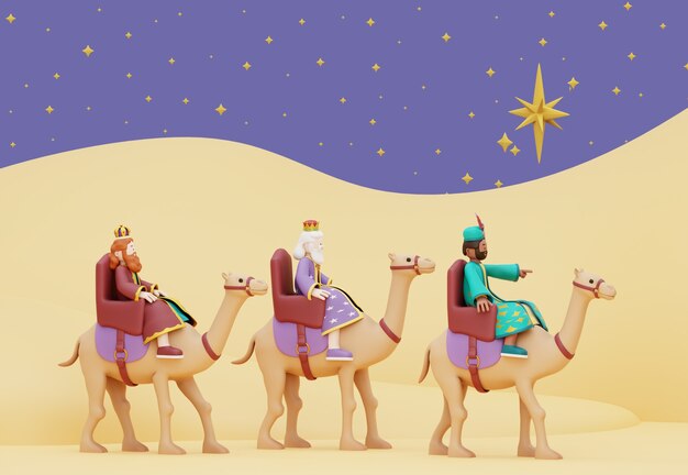 Ilustración 3d de la celebración de los tres reyes magos