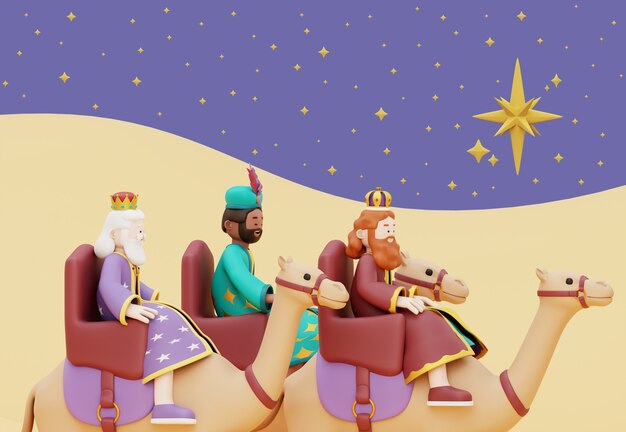 Ilustración 3d de la celebración de los tres reyes magos