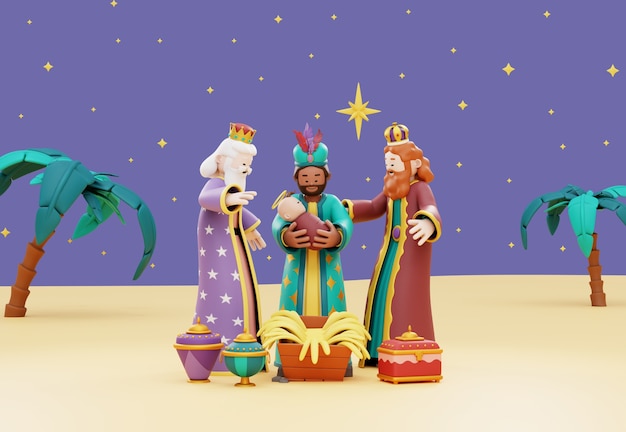 Ilustración 3d de la celebración de los tres reyes magos