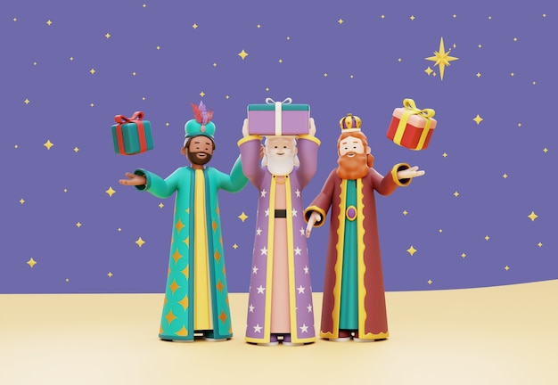 Ilustración 3d de la celebración de los tres reyes magos