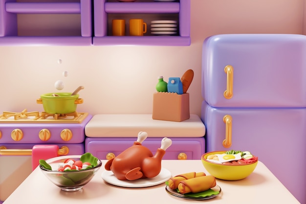 Ilustración 3d de la cocina y la comida