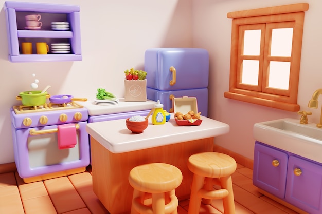 Ilustración 3D de la cocina y la comida