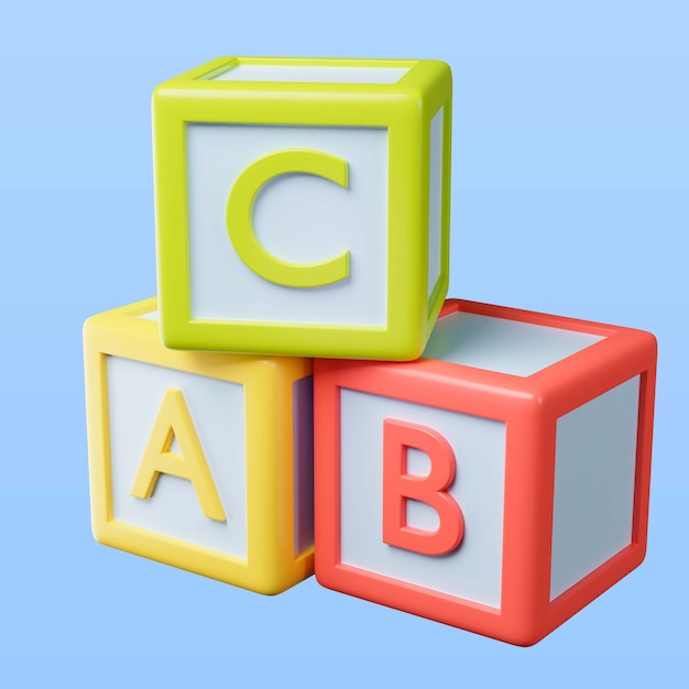Ilustración 3d de cubos de juguete para niños con letras