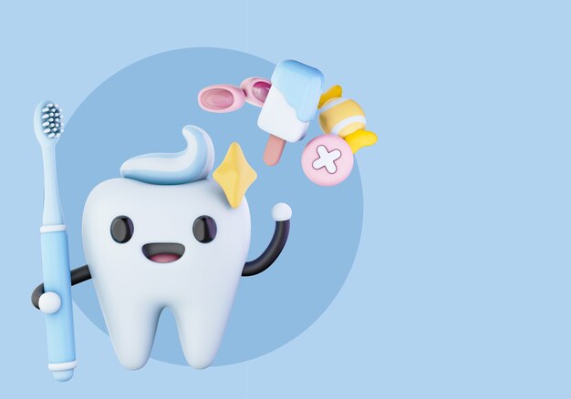 Ilustración 3d para dentista con dientes y cepillo de dientes.