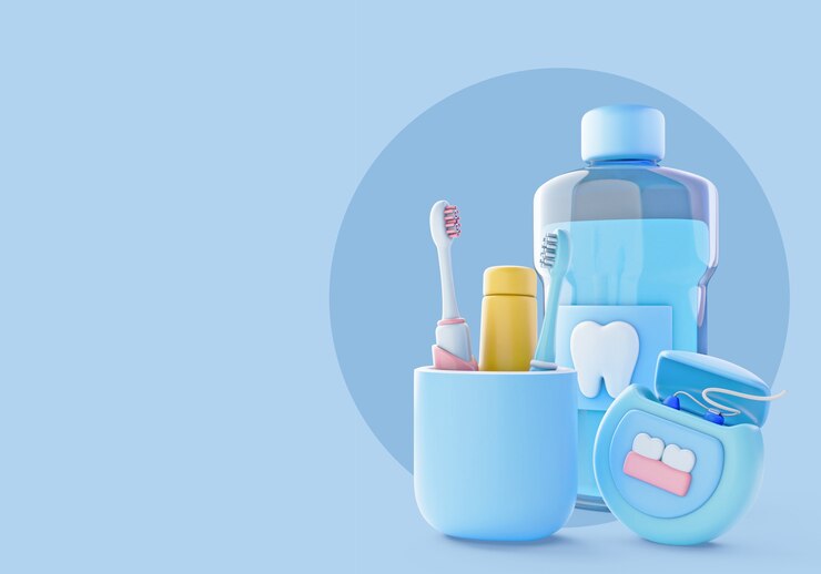 PSD gratuito ilustración 3d para dentista con enjuague bucal y cepillo de dientes