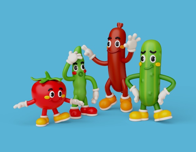 Ilustración 3D con dibujos animados de comida y naturaleza muerta