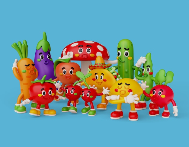 Ilustración 3D con dibujos animados de comida y naturaleza muerta