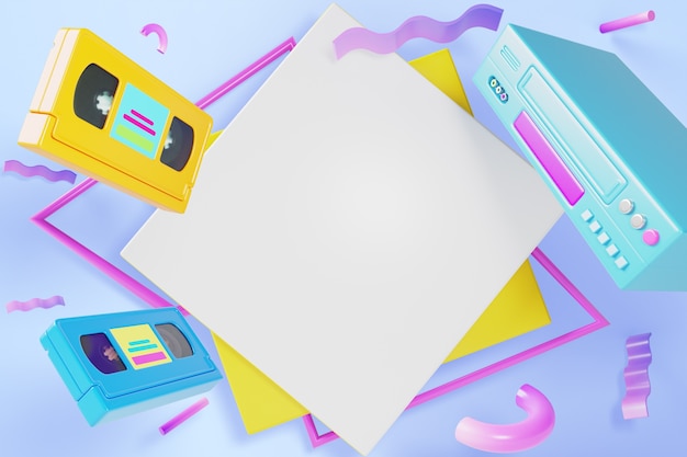 Ilustración 3d con elementos de los 90 y pancarta en blanco