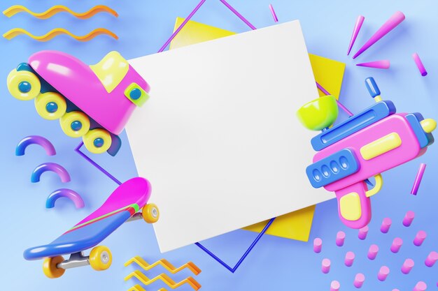 Ilustración 3d con elementos de los 90 y pancarta en blanco