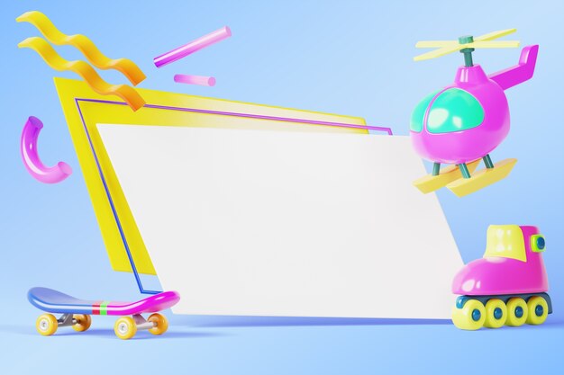 Ilustración 3d con elementos de los 90 y pancarta en blanco