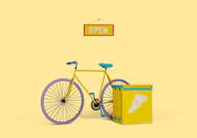 PSD gratuito ilustración 3d de entrega con bicicleta y cartel abierto